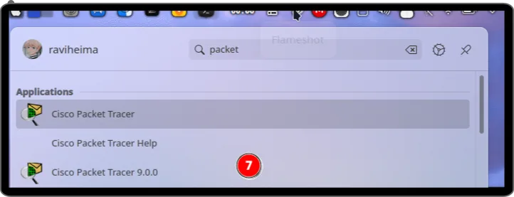 KDE menu search bar displaying Cisco Packet Tracer